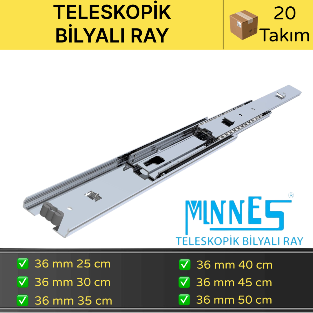 Minnes Teleskopik Çekmece Rayı 36*250 mm 20'li Koli