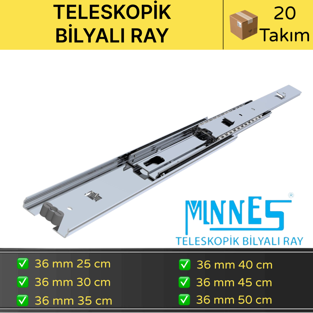 Minnes Teleskopik Çekmece Rayı 36*400 mm 20'li Koli