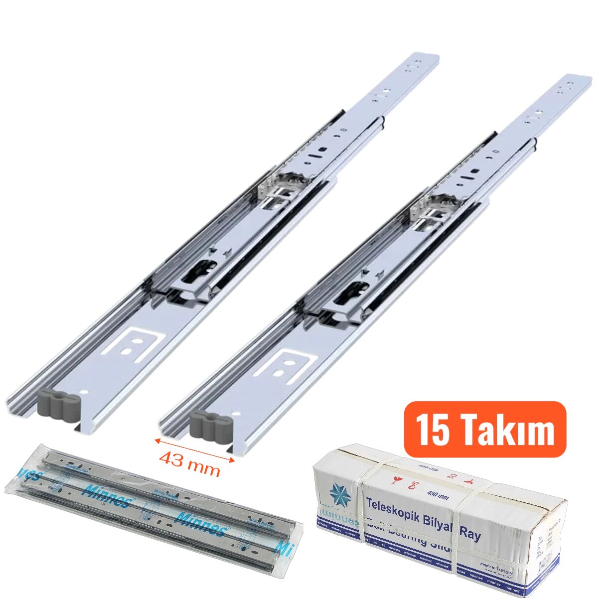 Minnes Teleskopik Çekmece Rayı 43*300 mm 15'li Koli