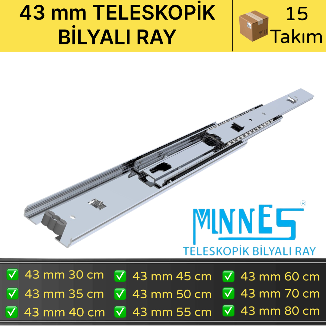 Minnes Teleskopik Çekmece Rayı 43*350 mm 15'li Koli