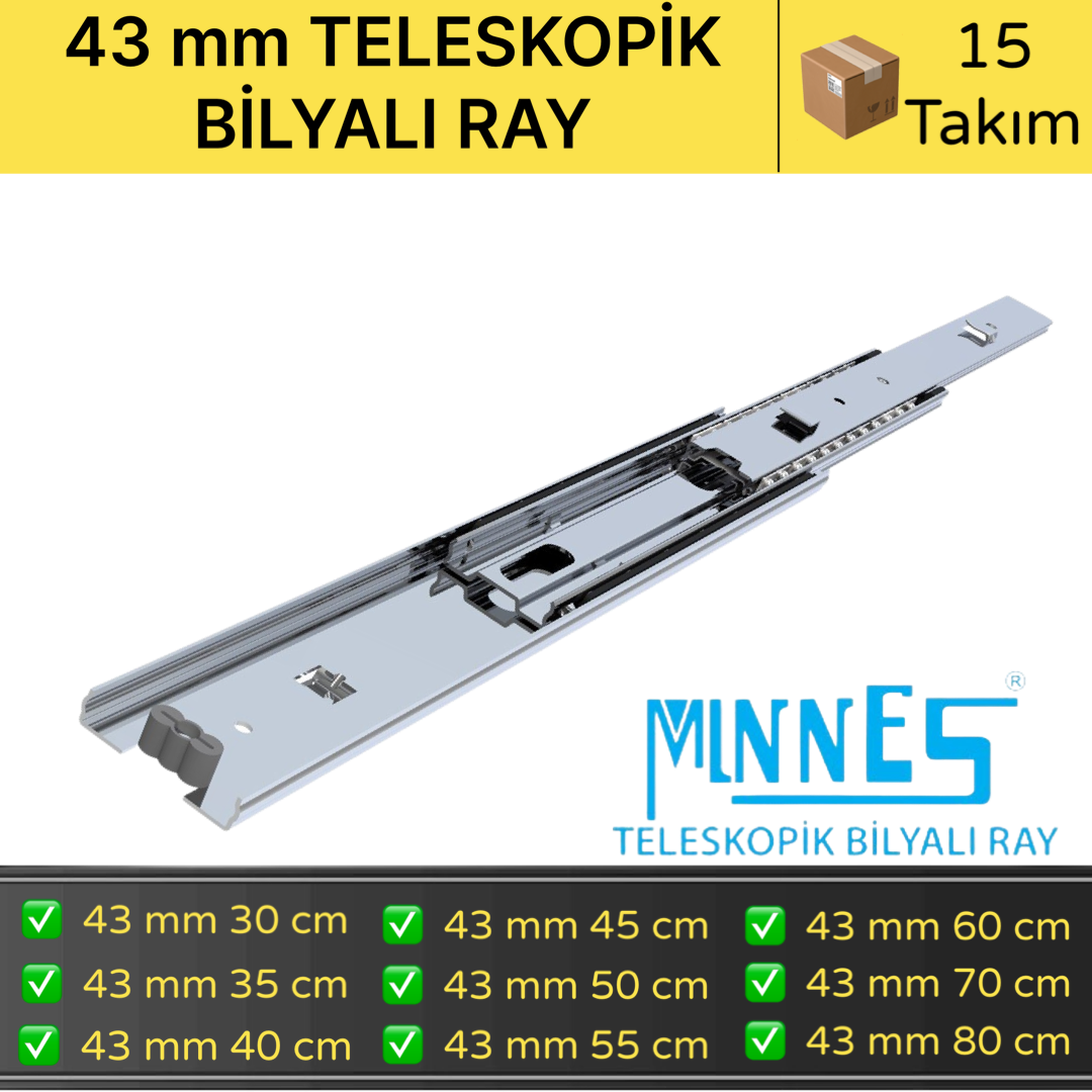 Minnes Teleskopik Çekmece Rayı 43*350 mm 15'li Koli