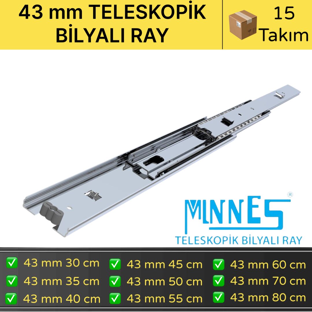 Minnes Teleskopik Çekmece Rayı 43*400 mm 15'li Koli