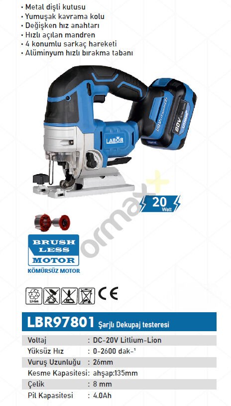 Labor Akülü Dekupaj Testeresi 20 V 4,0 Ah Kömürsüz Motor LBR97801