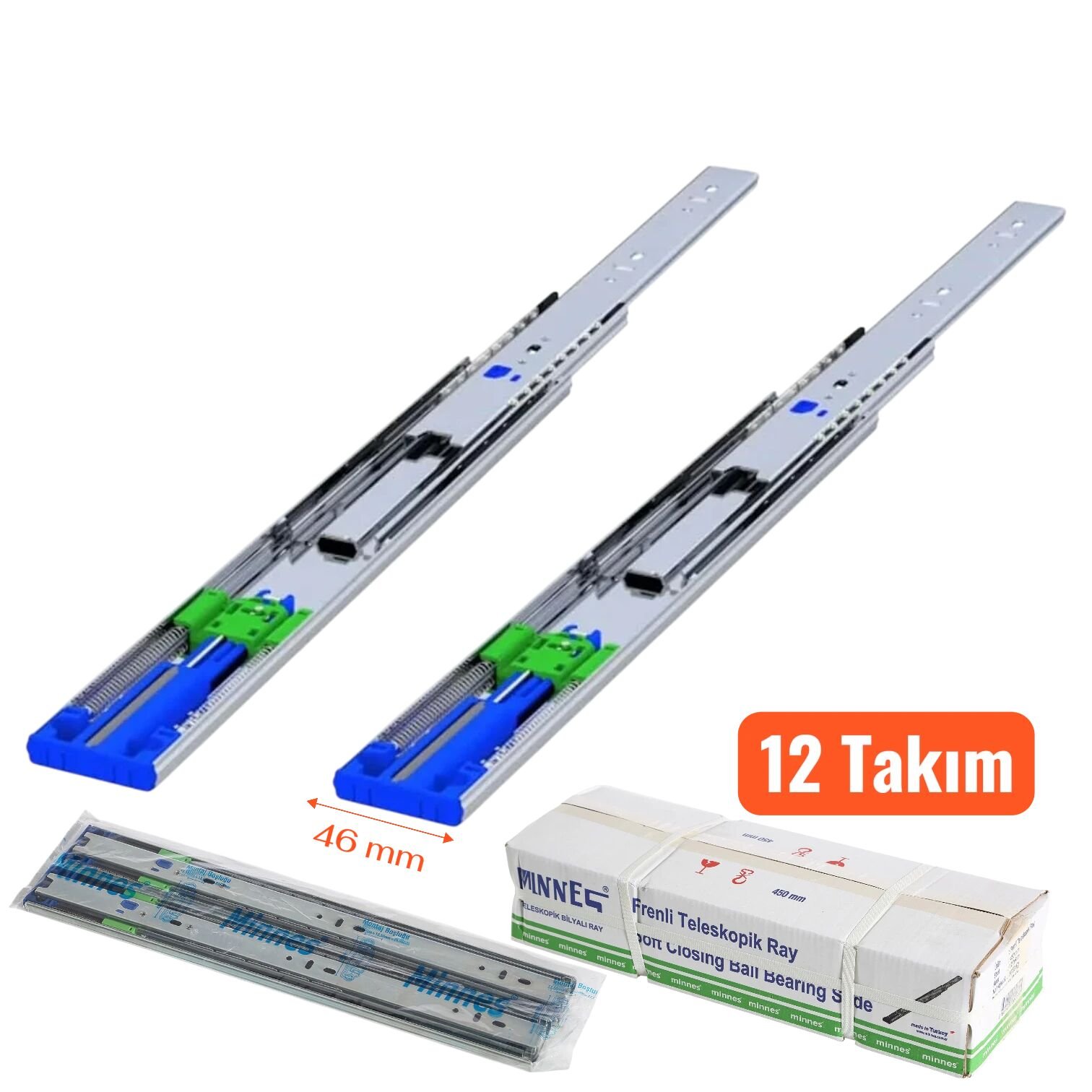 Minnes Frenli Teleskopik Çekmece Rayı 46*550 mm 12'li Koli
