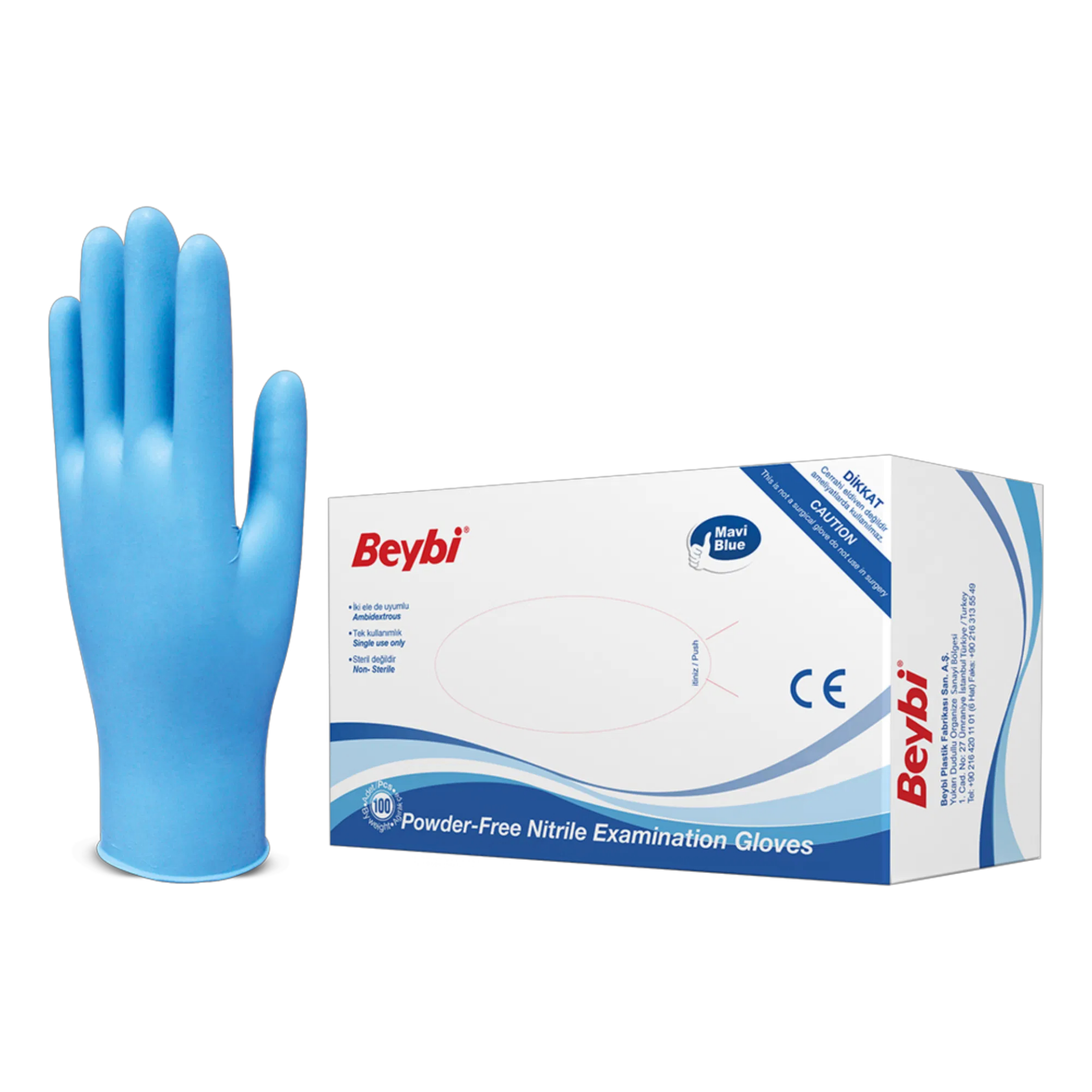 Beybi Mavi Pudrasız Nitril Muayene Eldiveni Medium