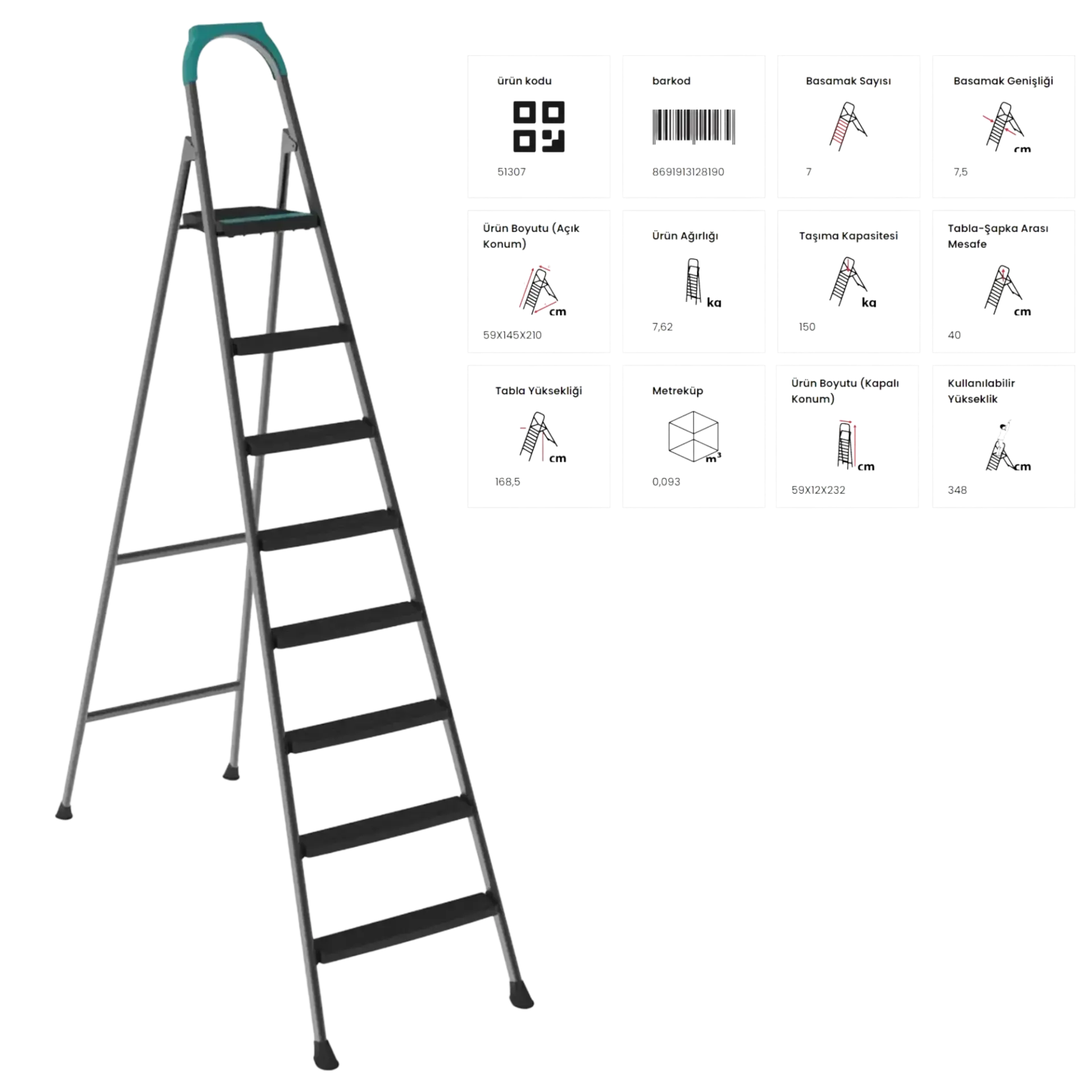 Doğrular Perilla Riser Ev Tipi Siyah Merdiven 7+1