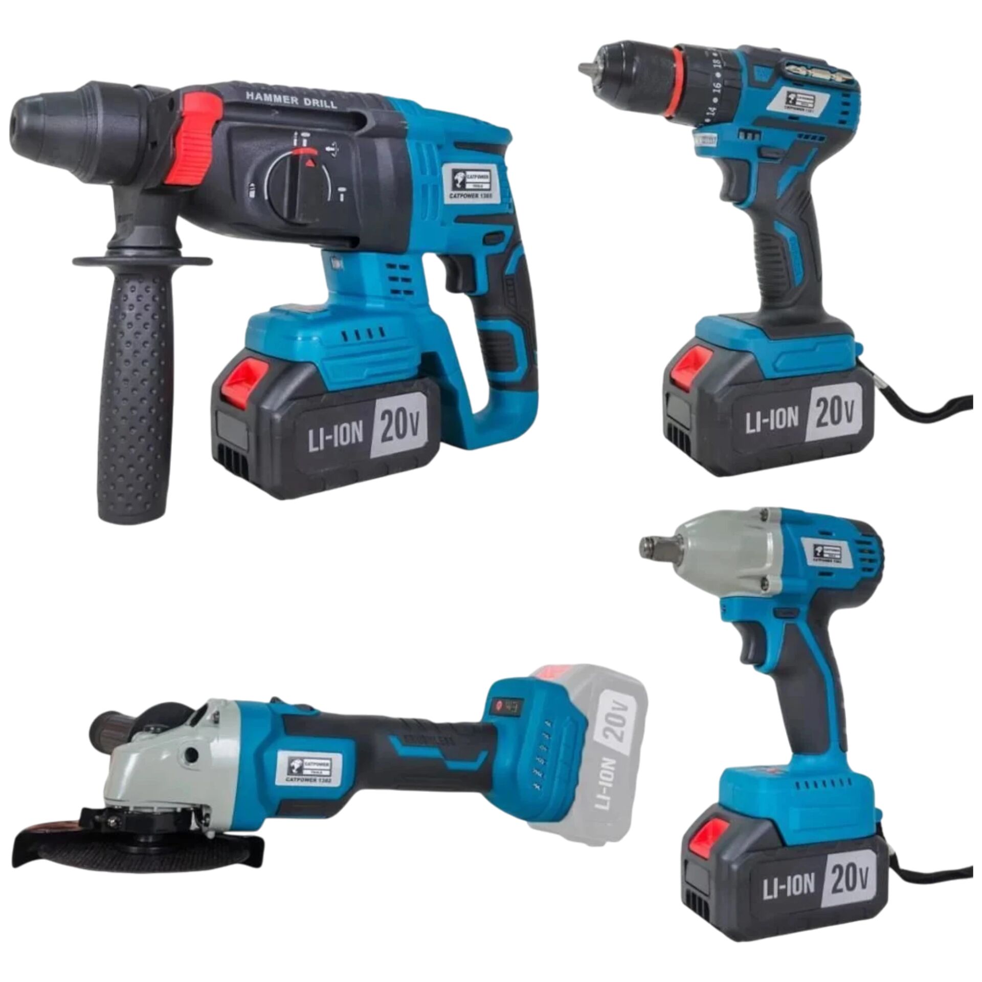 Catpower CAT1380 Kömürsüz Akülü Dörtlü Set Kırıcı Delici - Avuç Taşlama - Darbeli Vidalama - Sonun Sökme 20V 4.0Ah Akü