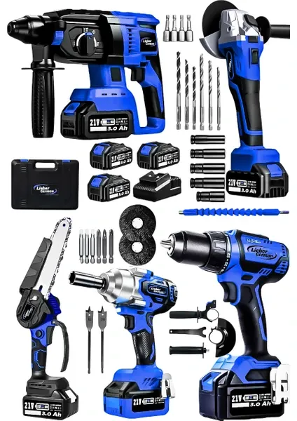 Lieber German 5li Set Kömürsüz Motor 3x Akü - Taşlama, Somun Sıkma, Kırıcı Delici, Matkap & Dal Budama Testere